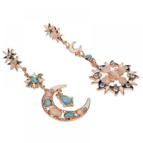 Yushu Bohemian Star Sun Moon Rhinestone Crystal Earrings